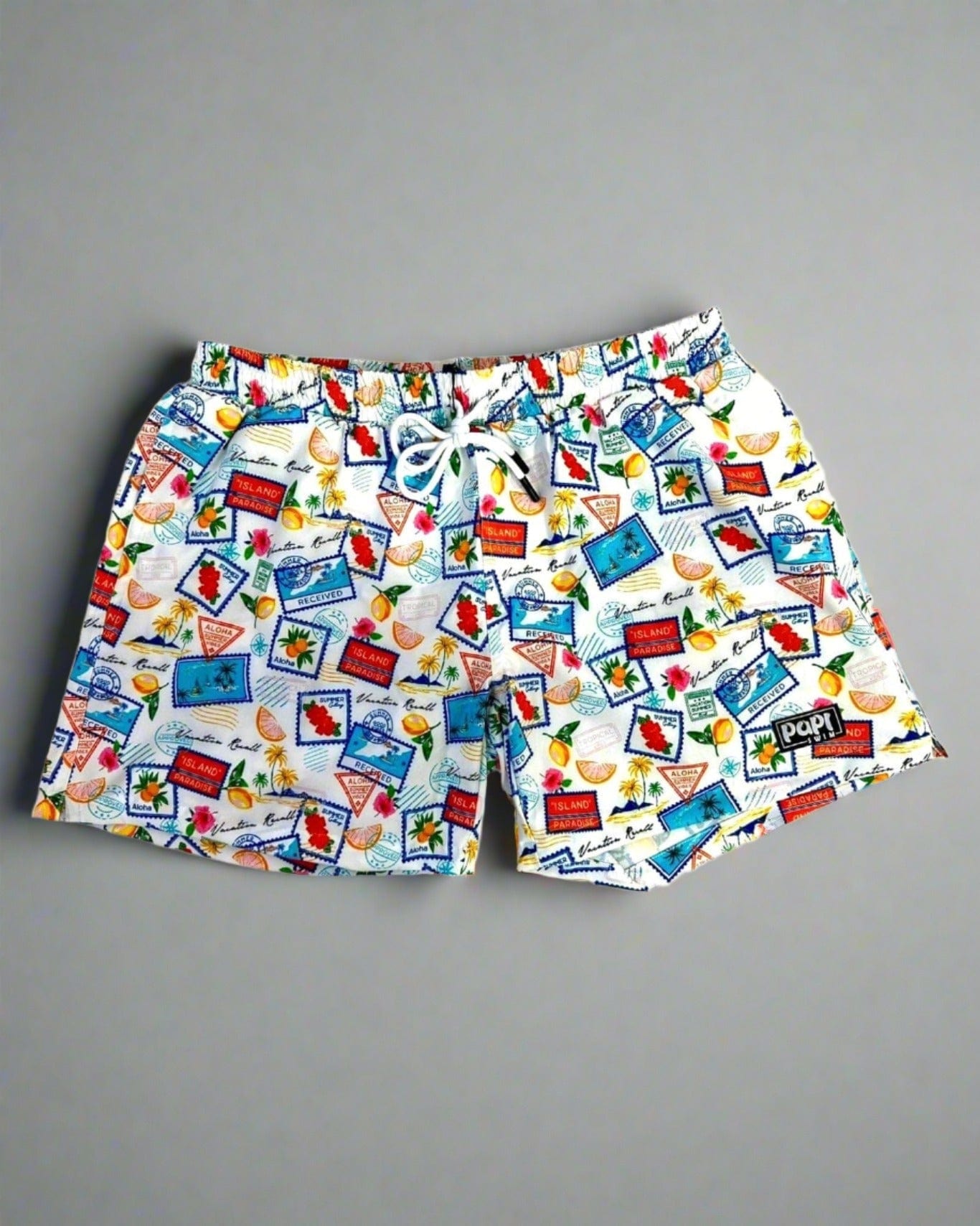 Papi Swim Apparel & Accessories > Clothing > Swimwear White / 5.5" Inseam / Small Men's White Islander Print 4-Way Stretch Fabric Swim Trunk 5.5" & 7.5" Inseam 2024 Papi Swim Men's White Islander Swim Trunks Board Shorts