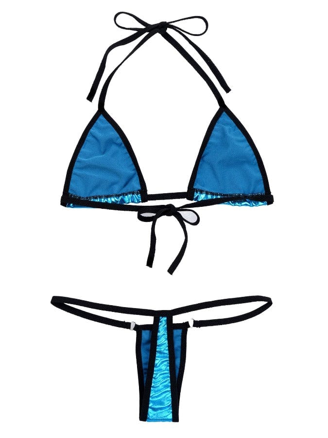 Sizzle Kiss Swimwear Apparel & Accessories > Clothing > Swimwear Blue Metallic Micro Triangle Top & Tiny G-String Thong Bottom Bikini 2023 Sexy Dark Blue Micro Metallic Triangle G-String Thong Bikini