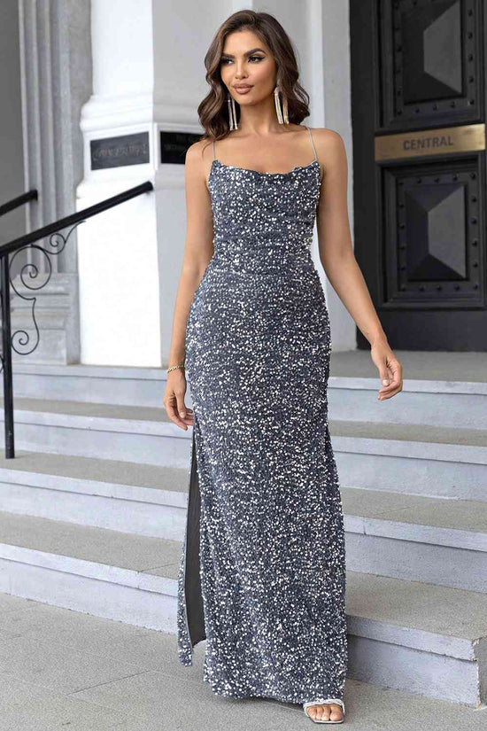 Trendsi Apparel & Accessories > Clothing > Dresses Cloudy Blue / XS Sequin Backless Split Maxi Dress