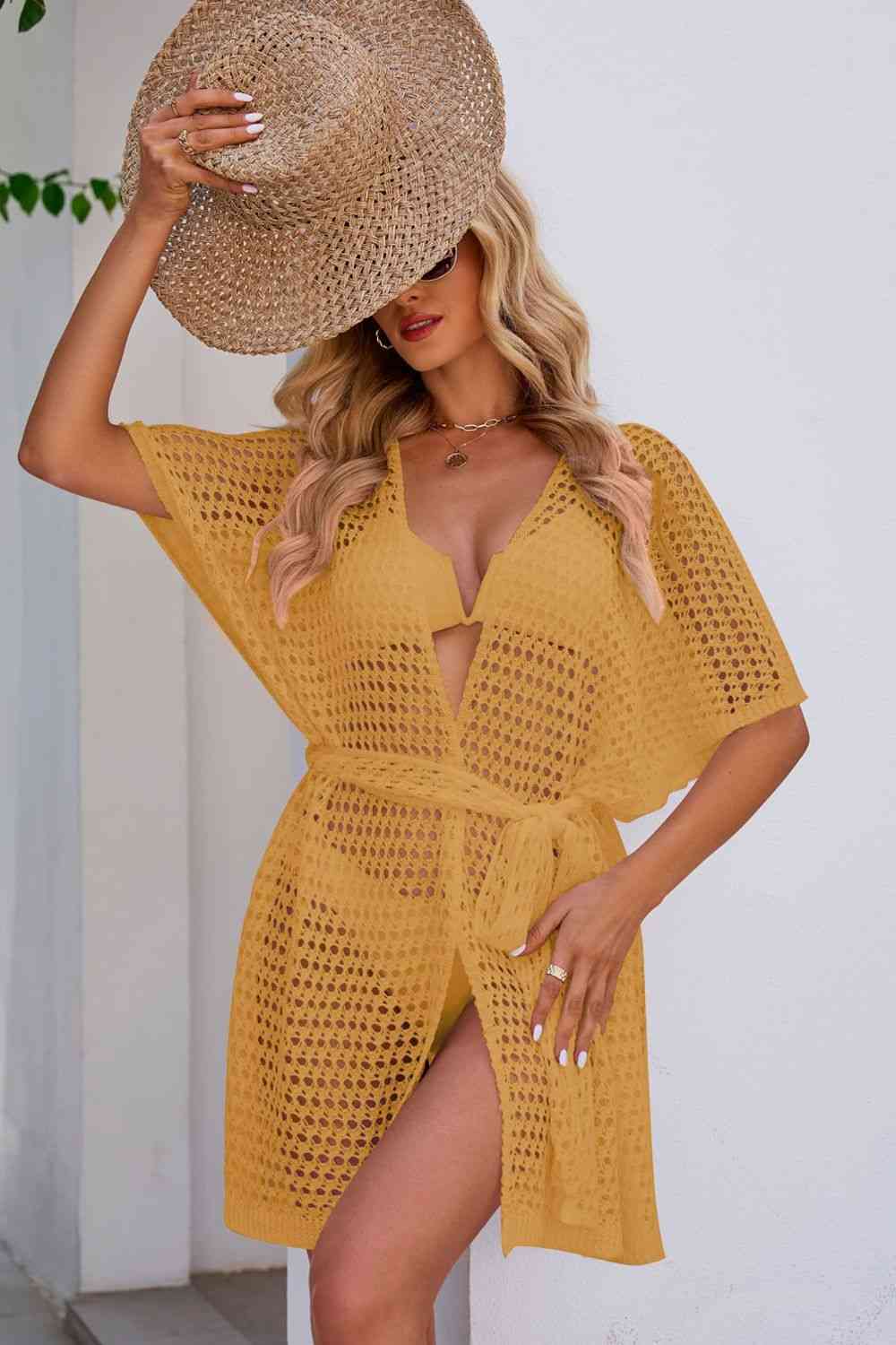 Trendsi Apparel & Accessories > Clothing > Dresses Honey / S Openwork Tie Waist Cover Up