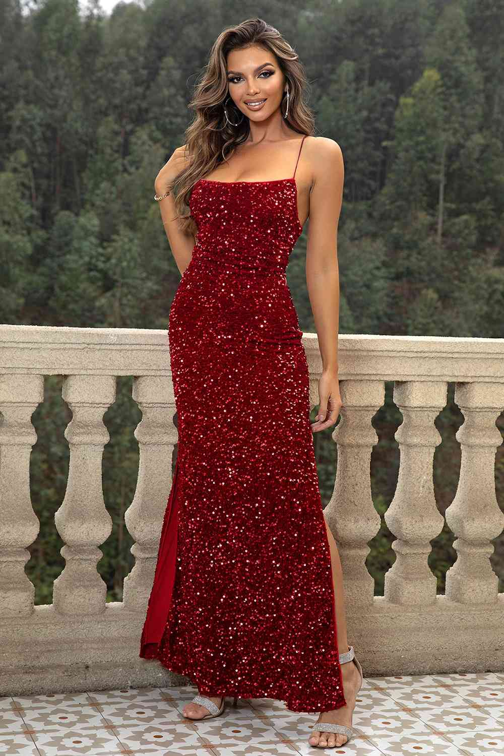 Trendsi Apparel & Accessories > Clothing > Dresses Sequin Backless Split Maxi Dress