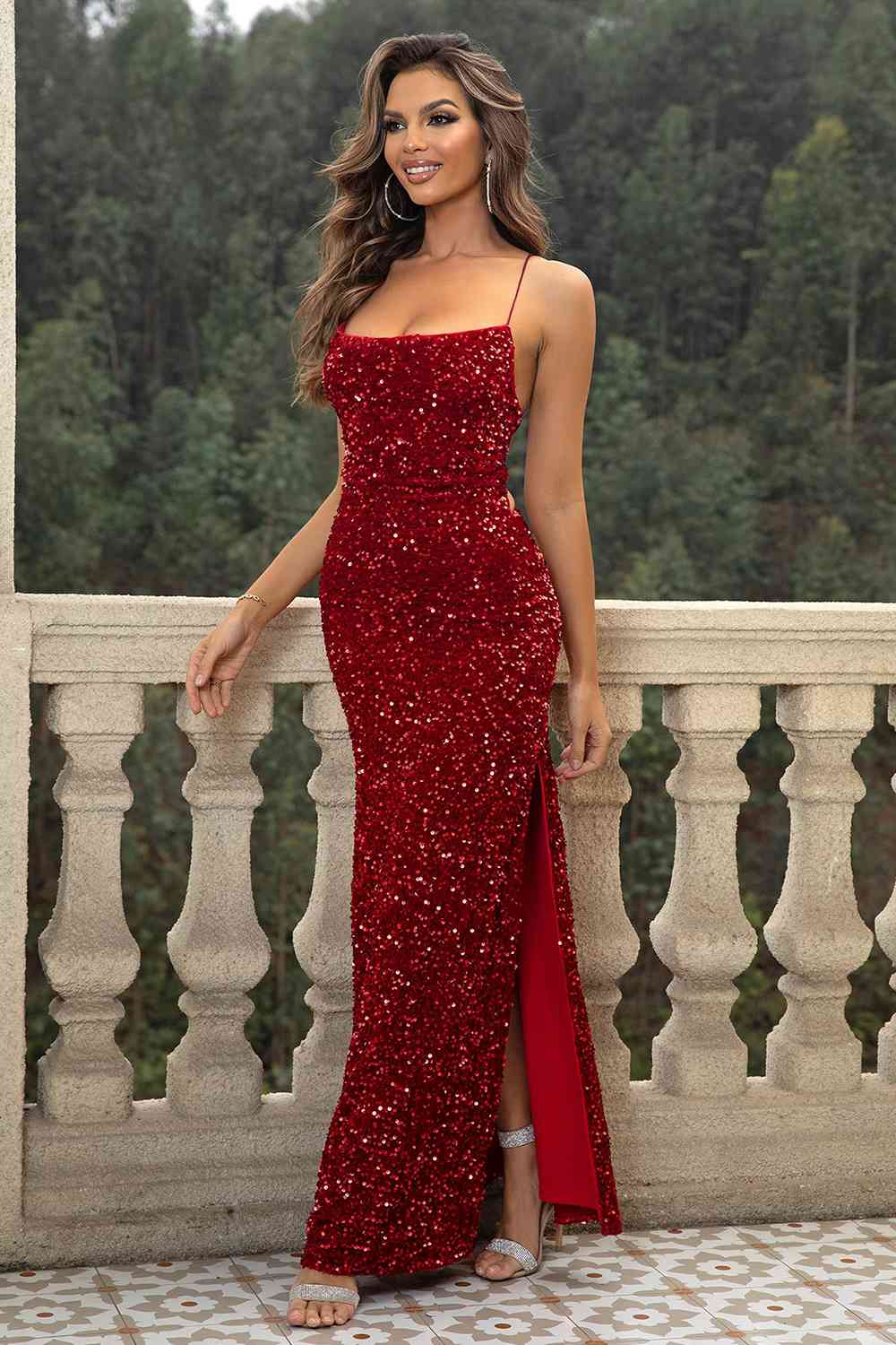 Trendsi Apparel & Accessories > Clothing > Dresses Sequin Backless Split Maxi Dress