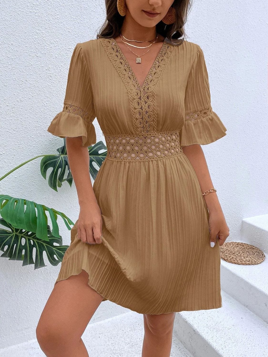 Trendsi Apparel & Accessories > Clothing > Pants Camel / S Cutout V-Neck Flounce Sleeve Mini Dress