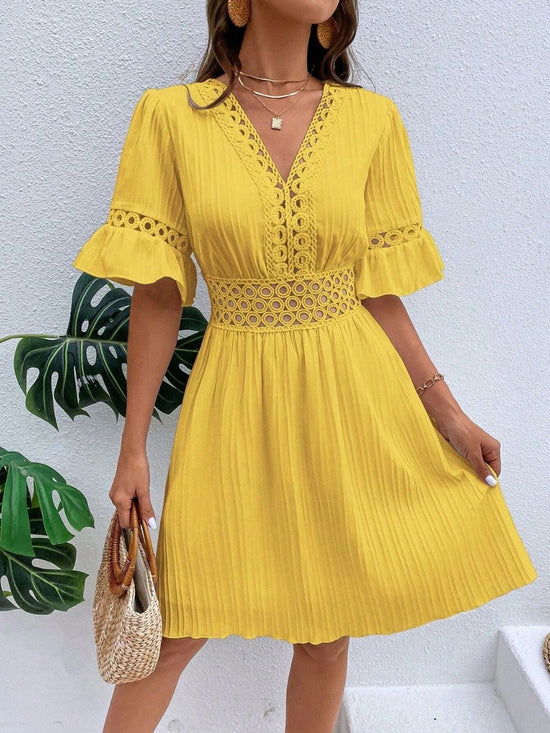 Trendsi Apparel & Accessories > Clothing > Pants Yellow / S Cutout V-Neck Flounce Sleeve Mini Dress