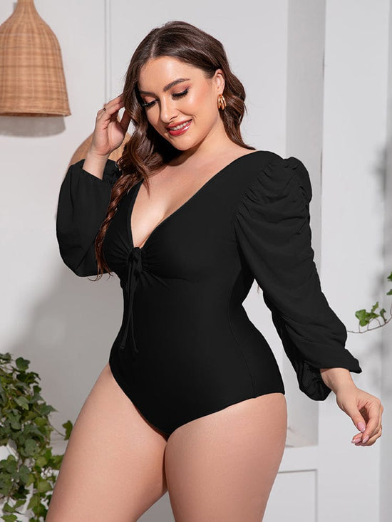 Trendsi Apparel & Accessories > Clothing > Swimwear Black Front Tie Deep V Balloon Sleeve One-Piece Plus Size Swimsuit 2024 Black Gray Front Tie Deep V One-Piece Plus Size Swimsuit