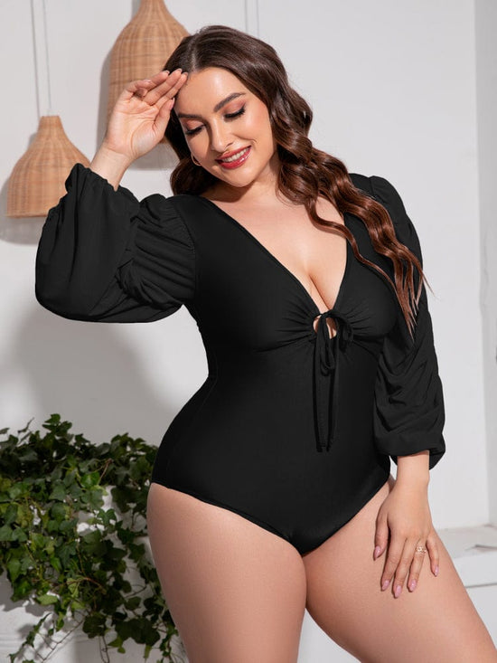 Trendsi Apparel & Accessories > Clothing > Swimwear Black Front Tie Deep V Balloon Sleeve One-Piece Plus Size Swimsuit 2024 Black Gray Front Tie Deep V One-Piece Plus Size Swimsuit