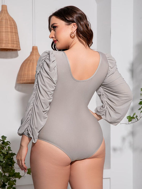 Trendsi Apparel & Accessories > Clothing > Swimwear Black Front Tie Deep V Balloon Sleeve One-Piece Plus Size Swimsuit 2024 Black Gray Front Tie Deep V One-Piece Plus Size Swimsuit