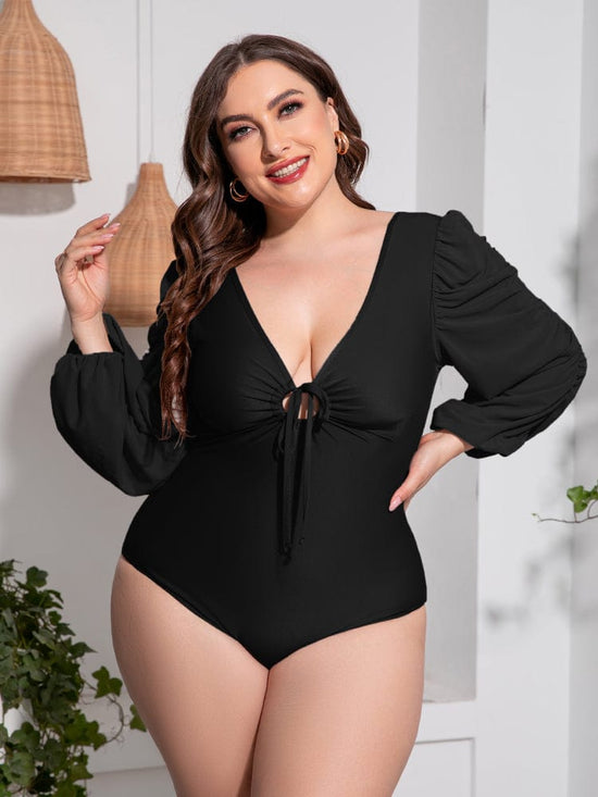 Trendsi Apparel & Accessories > Clothing > Swimwear Black Front Tie Deep V Balloon Sleeve One-Piece Plus Size Swimsuit 2024 Black Gray Front Tie Deep V One-Piece Plus Size Swimsuit