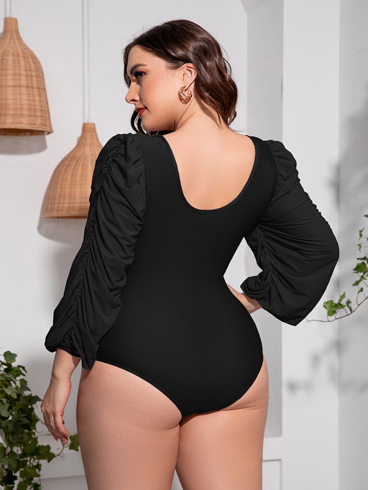 Trendsi Apparel & Accessories > Clothing > Swimwear Black Front Tie Deep V Balloon Sleeve One-Piece Plus Size Swimsuit 2024 Black Gray Front Tie Deep V One-Piece Plus Size Swimsuit