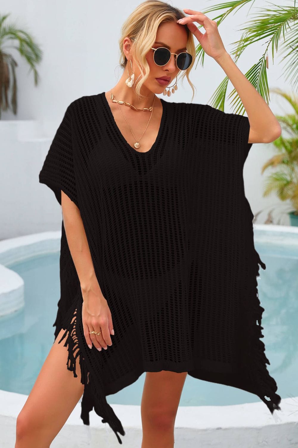 Trendsi Apparel & Accessories > Clothing > Swimwear Black / One Size Fringe Trim Openwork Cover Up