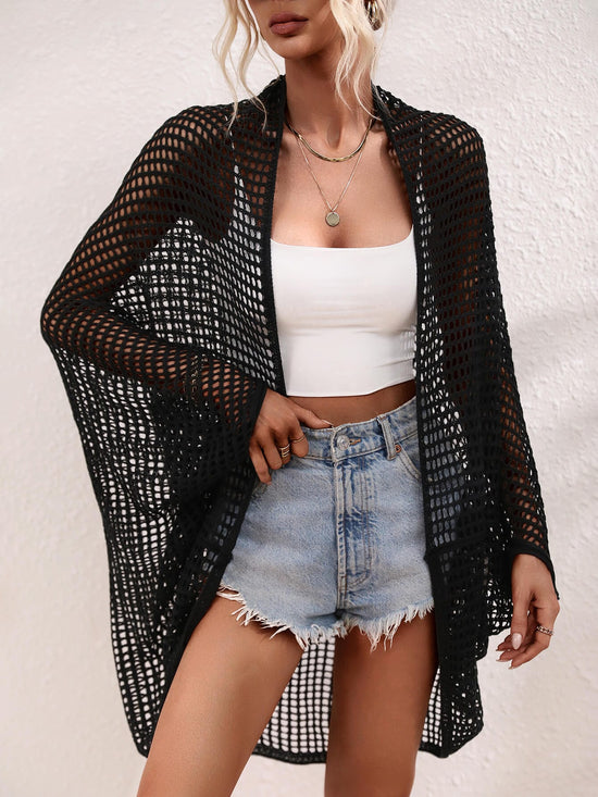 Trendsi Apparel & Accessories > Clothing > Swimwear Black / S White Crochet Open Front Longline Beach Bikini Swimsuit Resort Cover Up 2024 Black White Crochet Net Longline Beach Bikini Cover Up