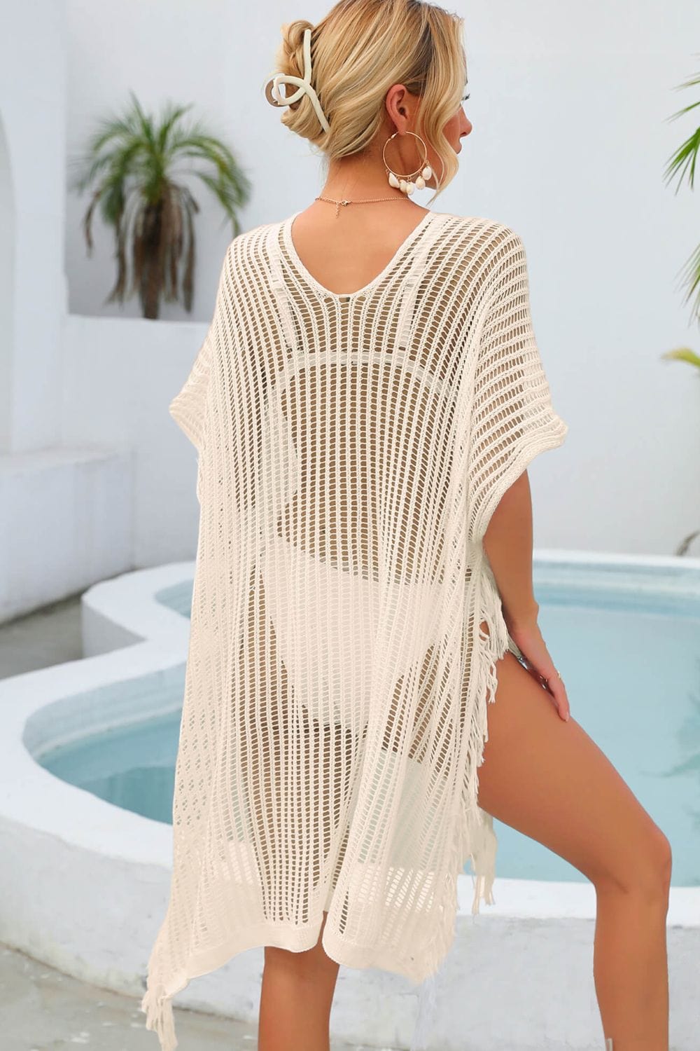 Trendsi Apparel & Accessories > Clothing > Swimwear Fringe Trim Openwork Cover Up