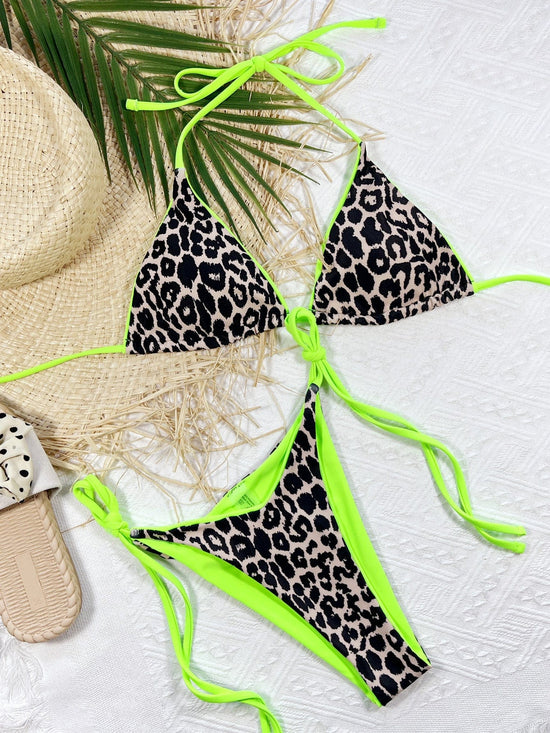 Trendsi Apparel & Accessories > Clothing > Swimwear Hot Pink Leopard Print Triangle Top & Tie Side Cheeky Bikini Swimsuit 2024 Sexy Pink Green Leopard Print Halter Neck Tie Side Bikini