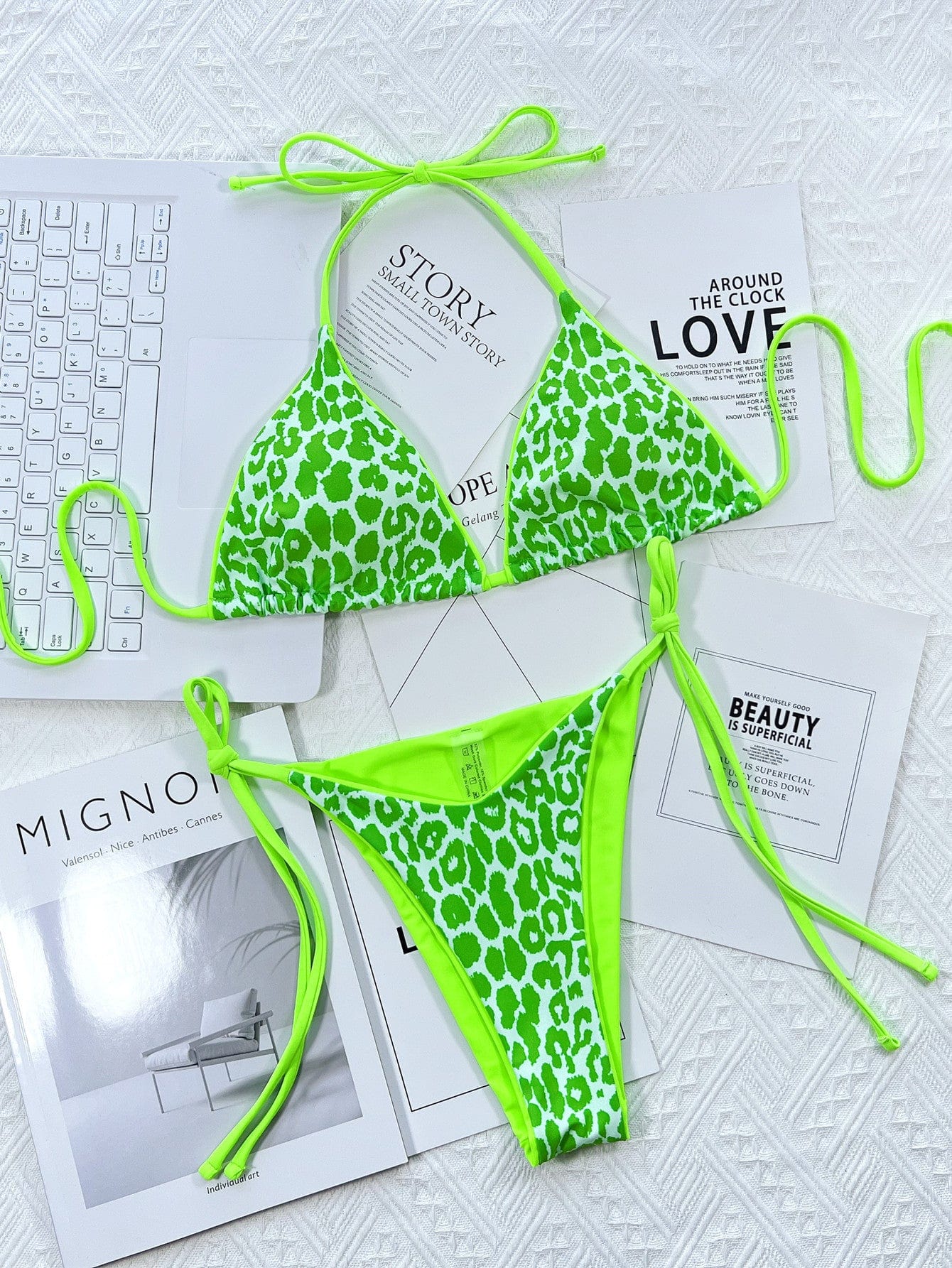 Trendsi Apparel & Accessories > Clothing > Swimwear Hot Pink Leopard Print Triangle Top & Tie Side Cheeky Bikini Swimsuit 2024 Sexy Pink Green Leopard Print Halter Neck Tie Side Bikini