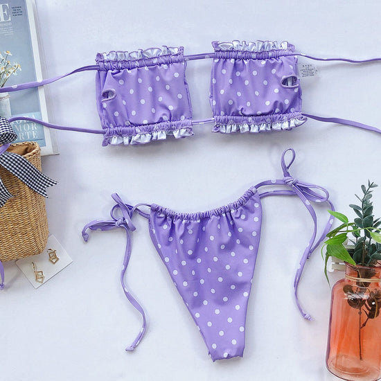 Trendsi Apparel & Accessories > Clothing > Swimwear Lavender Purple Bandeau Top & Tie Side Cheeky Ruched Bikini Set