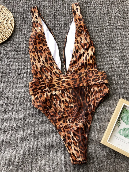 Trendsi Apparel & Accessories > Clothing > Swimwear Leopard Plunge Wide Strap Sleeveless One-Piece Swimwear