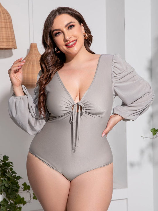 Trendsi Apparel & Accessories > Clothing > Swimwear Light Gray / 2XL Black Front Tie Deep V Balloon Sleeve One-Piece Plus Size Swimsuit 2024 Black Gray Front Tie Deep V One-Piece Plus Size Swimsuit