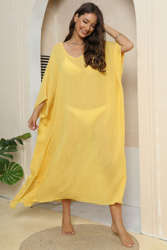 Trendsi Apparel & Accessories > Clothing > Swimwear Long Sheer Yellow V-Neck Three-Quarter Sleeve Swimsuit Cover-Up Resort Wear 2024 Long Sheer Yellow V-Neck Women's Swimsuit Cover-Up Resort