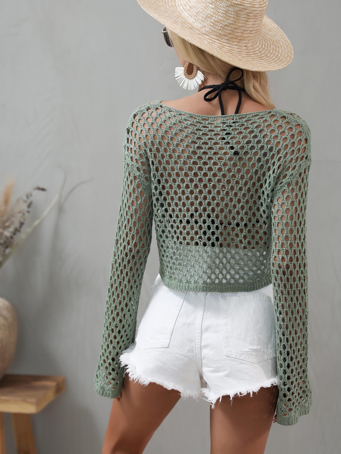 Trendsi Apparel & Accessories > Clothing > Swimwear Openwork Flare Sleeve Cropped Cover Up