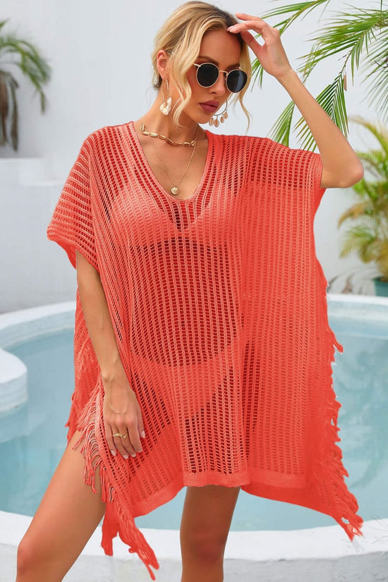 Trendsi Apparel & Accessories > Clothing > Swimwear Orange / One Size Fringe Trim Openwork Cover Up