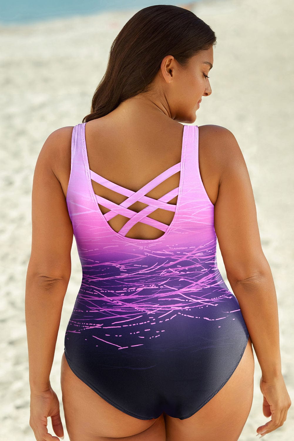 Trendsi Apparel & Accessories > Clothing > Swimwear Purple Graphic Tie-Dye Crisscross Back One-Piece Swimsuit Swimwear 2024 Purple Tie-Dye Crisscross Back One-Piece Women's Swimsuit