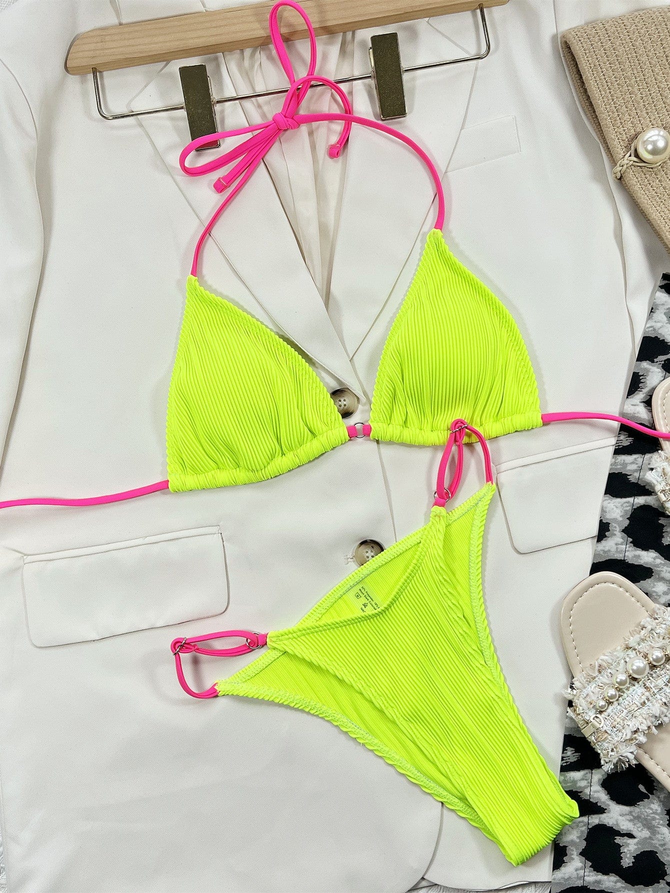 Trendsi Apparel & Accessories > Clothing > Swimwear Ribbed Tie Back Bikini Set