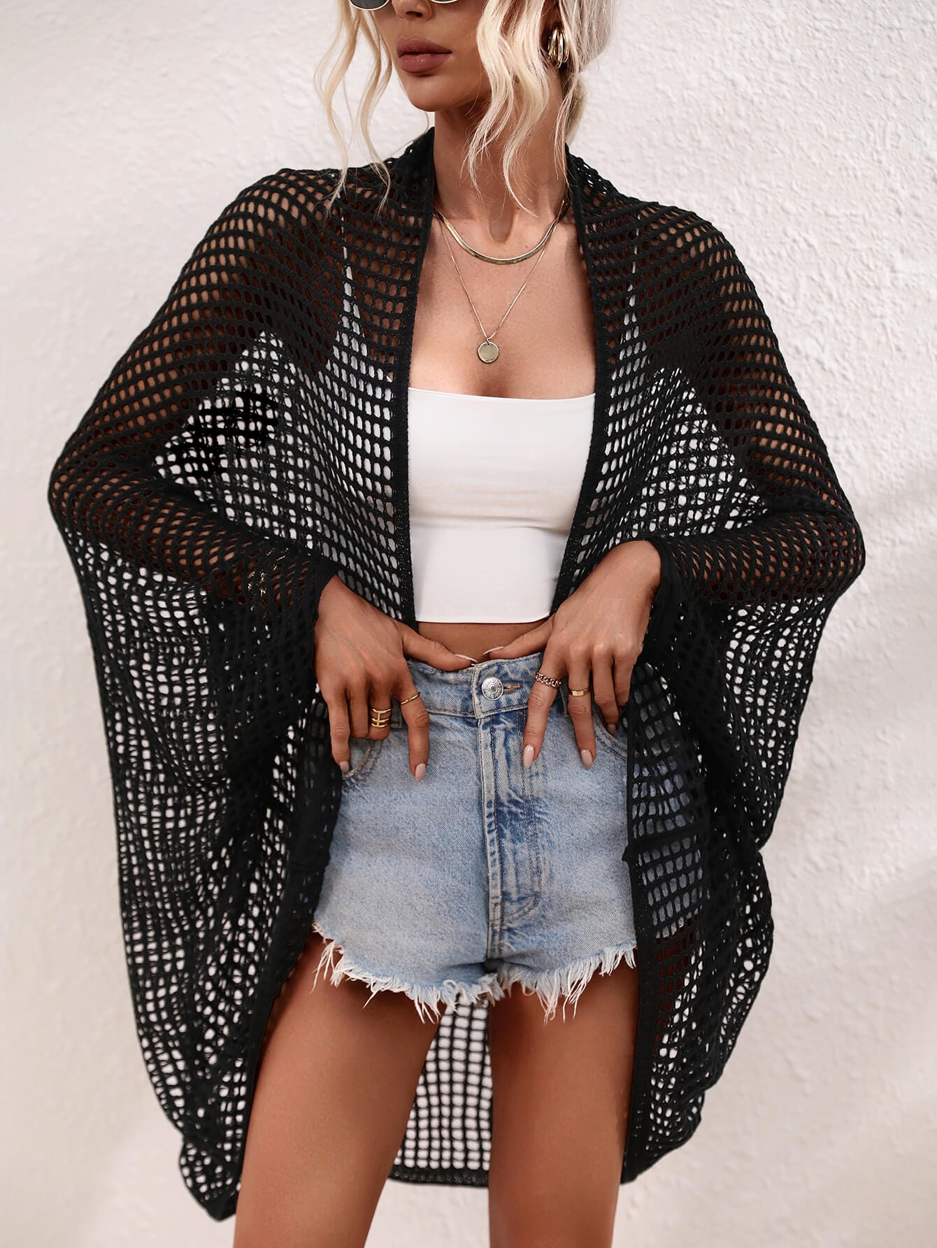 Trendsi Apparel & Accessories > Clothing > Swimwear White Crochet Open Front Longline Beach Bikini Swimsuit Resort Cover Up 2024 Black White Crochet Net Longline Beach Bikini Cover Up