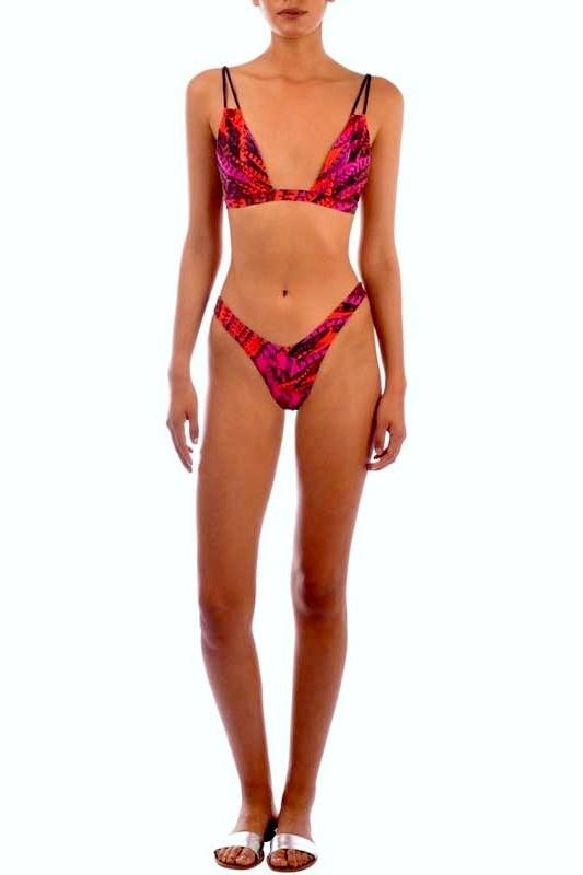 Aguaclara Swimwear Apparel & Accessories > Clothing > Swimwear Large / Large / Print Aguaclara Swimwear Plumaje Rojo Fixed Triangle Top & Cheeky Bottom Set Aguaclara Swimwear Plumaje Rojo Fixed Halter Triangle Top & Bottom Set