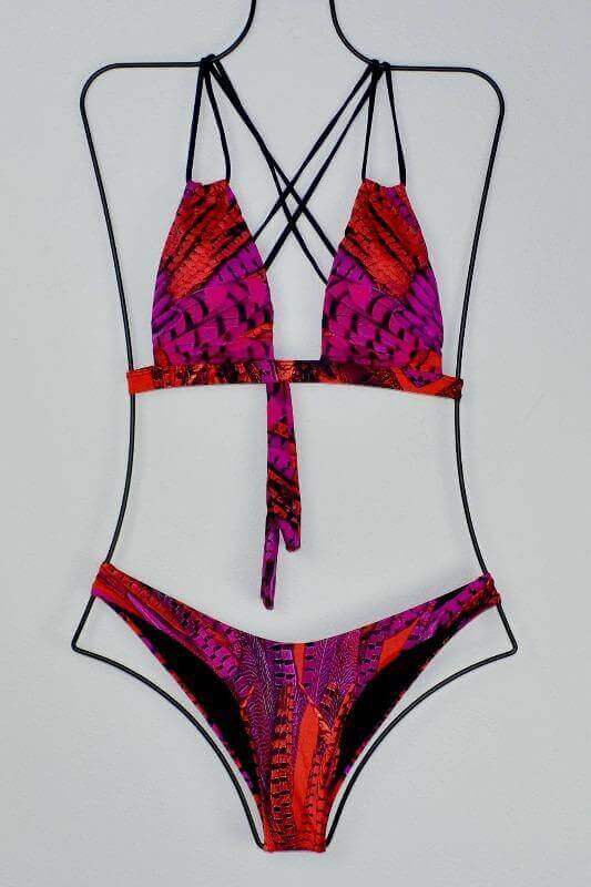 Aguaclara Swimwear Apparel & Accessories > Clothing > Swimwear Small / Small / Print Aguaclara Swimwear Plumaje Rojo Fixed Triangle Top & Cheeky Bottom Set Aguaclara Swimwear Plumaje Rojo Fixed Halter Triangle Top & Bottom Set