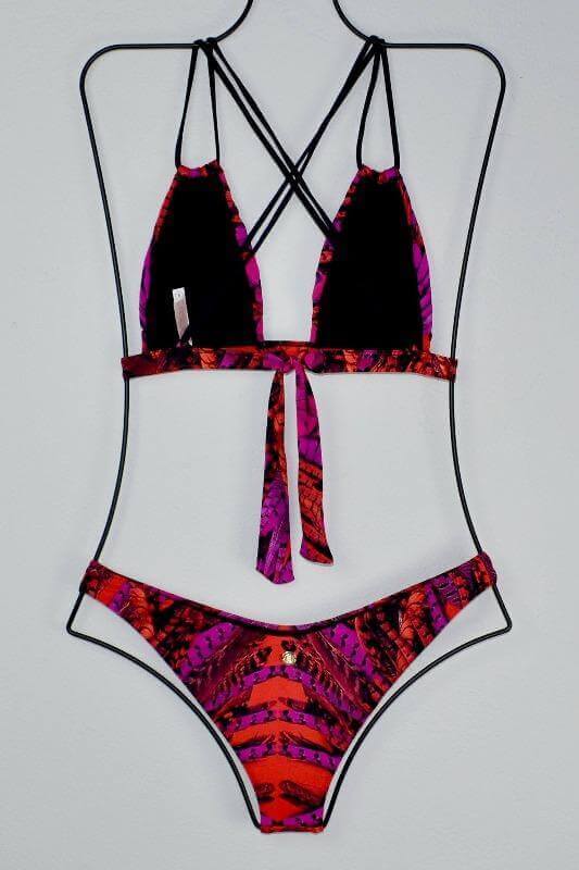 Aguaclara Swimwear Apparel & Accessories > Clothing > Swimwear Small / Small / Print Aguaclara Swimwear Plumaje Rojo Fixed Triangle Top & Cheeky Bottom Set Aguaclara Swimwear Plumaje Rojo Fixed Halter Triangle Top & Bottom Set