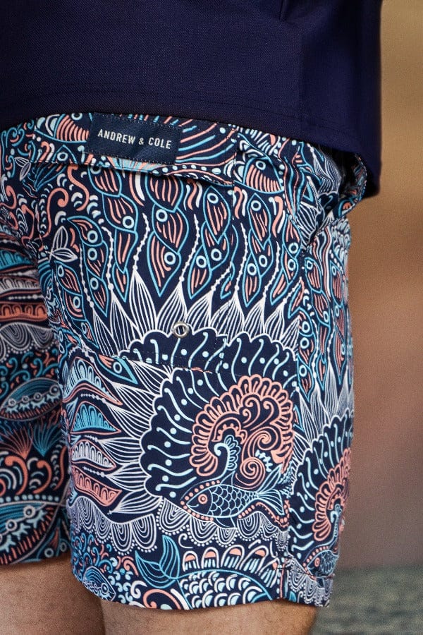 Andrew & Cole Apparel & Accessories > Clothing > Swimwear Men's Blue Paisley Pattern Print Swim Trunk Shorts 2023 Andrew Cole Men's Designer Blue Paisley Pattern Swim Trunks