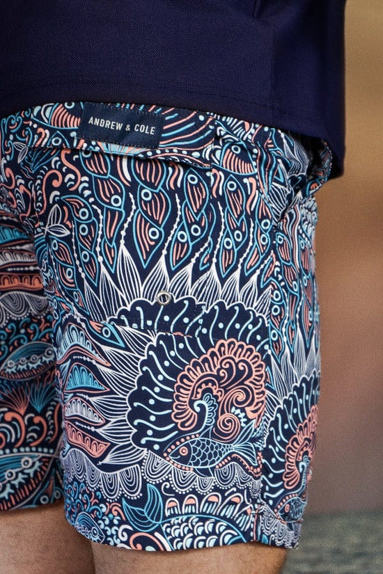 Andrew & Cole Apparel & Accessories > Clothing > Swimwear Men's Blue Paisley Pattern Print Swim Trunk Shorts 2023 Andrew Cole Men's Designer Blue Paisley Pattern Swim Trunks