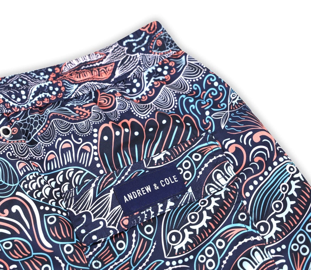 Andrew & Cole Apparel & Accessories > Clothing > Swimwear Men's Blue Paisley Pattern Print Swim Trunk Shorts 2023 Andrew Cole Men's Designer Blue Paisley Pattern Swim Trunks