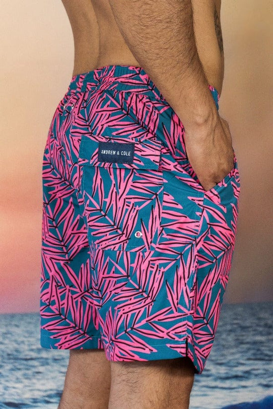 Andrew & Cole Apparel & Accessories > Clothing > Swimwear Men's Blue Palm Print Swim Trunk Shorts 2023 Andrew & Cole Men's Designer Blue Pink Palm Leaf Swim Trunks