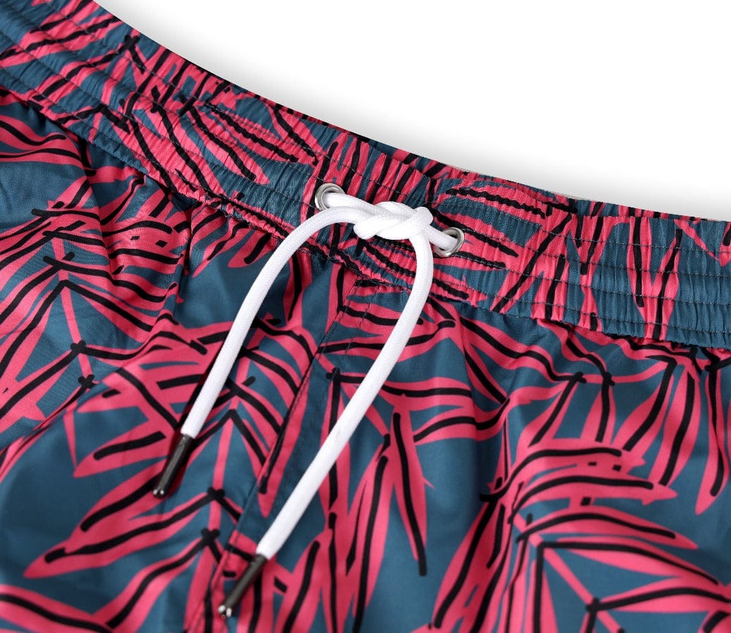 Andrew & Cole Apparel & Accessories > Clothing > Swimwear Men's Blue Palm Print Swim Trunk Shorts 2023 Andrew & Cole Men's Designer Blue Pink Palm Leaf Swim Trunks