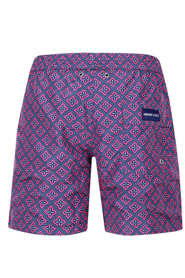 Andrew & Cole Apparel & Accessories > Clothing > Swimwear Men's Blue & Pink Dayiras Print Swim Trunk Shorts 2023 Andrew & Cole Men's Designer Blue Pink Dayiras Swim Trunks