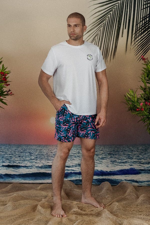 Andrew & Cole Apparel & Accessories > Clothing > Swimwear Men's Tropical Print Swim Trunk Shorts 2023 Andrew & Cole Men's Designer Tropical Leaf Swim Trunks