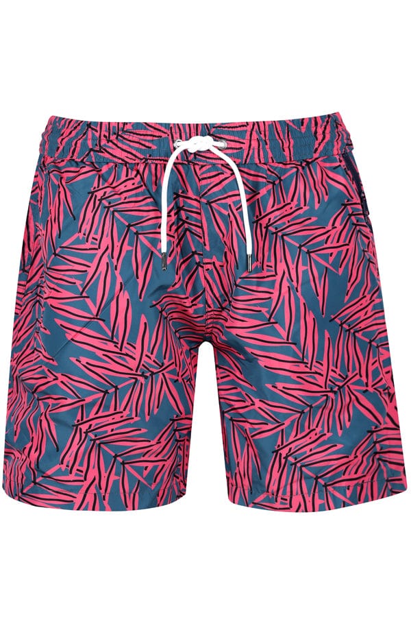 Andrew & Cole Apparel & Accessories > Clothing > Swimwear Small / Print Men's Blue Palm Print Swim Trunk Shorts 2023 Andrew & Cole Men's Designer Blue Pink Palm Leaf Swim Trunks