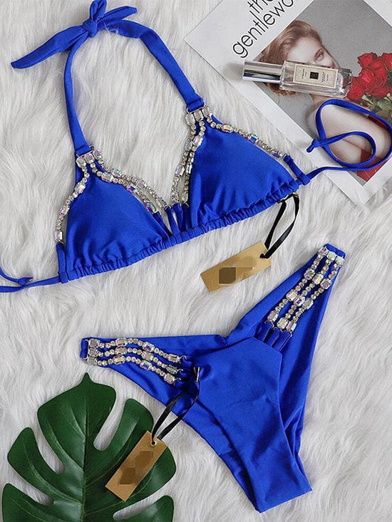 Beach Bunny Apparel & Accessories > Clothing > Swimwear Designer Luxury Royal Blue w/ Rhinestone Triangle Top & Cheeky Bottom Set 2022 Sexy Designer Black Rhinestone Triangle Cheeky Bikini