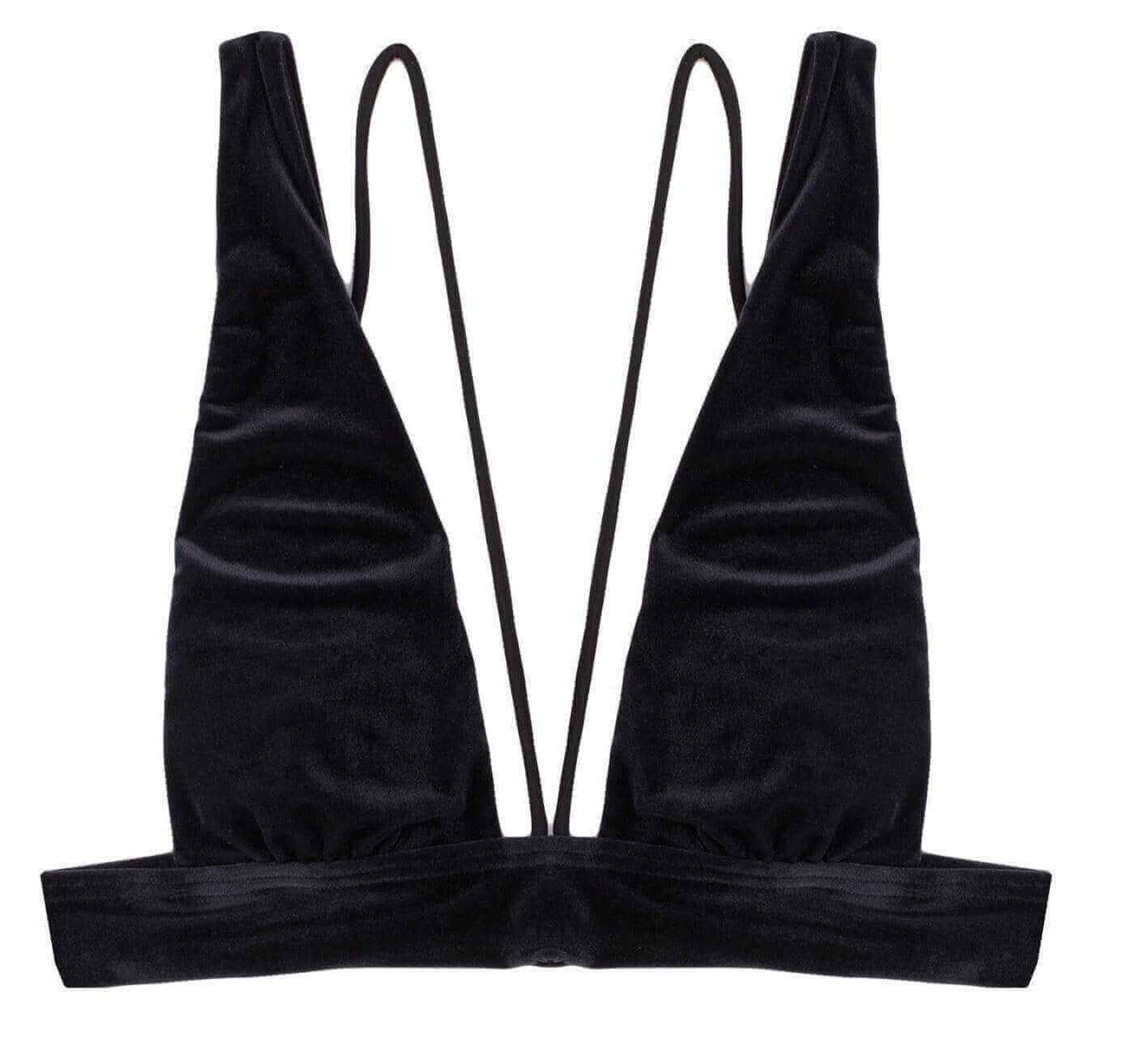 Beach Bunny Apparel & Accessories > Clothing > Swimwear Large / Medium / Black Beach Bunny Black Velvet Larson High Apex Top & London Skimpy Bottom Bikini Swimwear Beach Bunny Black Velvet Larson High Apex Top & London Skimpy Bottom