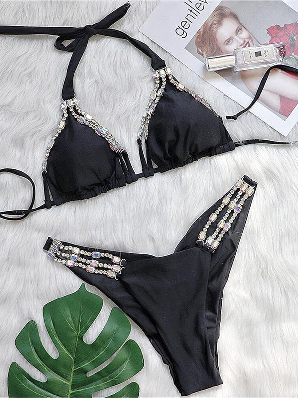 Beach Bunny Apparel & Accessories > Clothing > Swimwear Luxury Black w/ Rhinestone Triangle Top & Cheeky Bottom Set 2023 Sexy Designer Black Rhinestone Triangle Cheeky Bikini