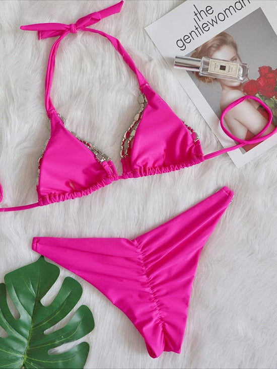 Beach Bunny Apparel & Accessories > Clothing > Swimwear Luxury Hot Pink w/ Rhinestone Triangle Top & Cheeky Bottom Set 2023 Luxury Hot Pink Rhinestone Hardware Triangle Cheeky Bikini