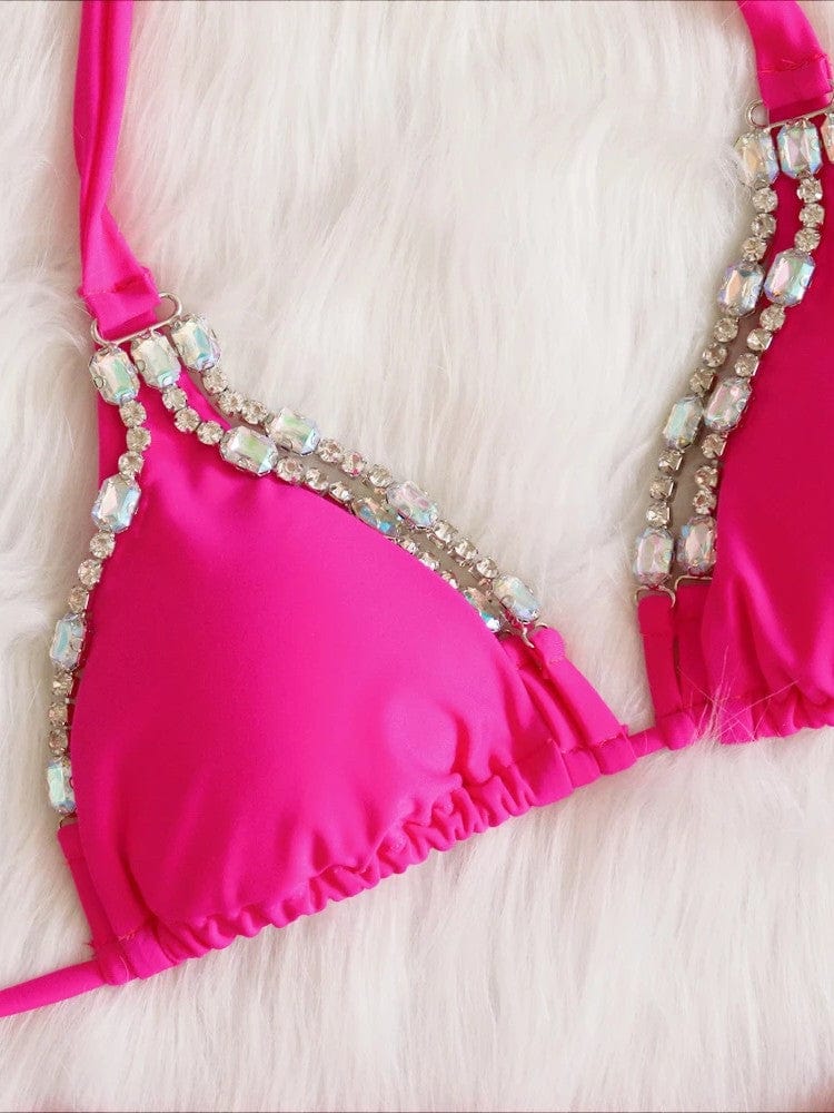 Beach Bunny Apparel & Accessories > Clothing > Swimwear Luxury Hot Pink w/ Rhinestone Triangle Top & Cheeky Bottom Set 2023 Luxury Hot Pink Rhinestone Hardware Triangle Cheeky Bikini