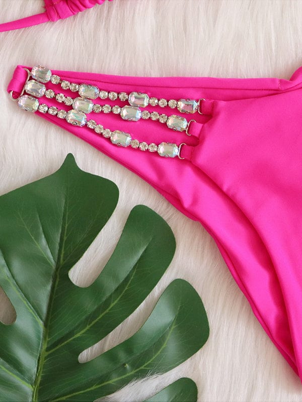 Beach Bunny Apparel & Accessories > Clothing > Swimwear Luxury Hot Pink w/ Rhinestone Triangle Top & Cheeky Bottom Set 2023 Luxury Hot Pink Rhinestone Hardware Triangle Cheeky Bikini