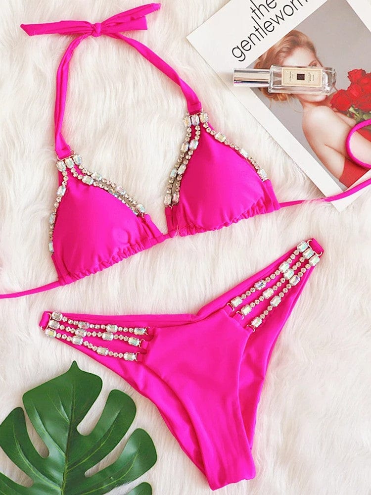 Beach Bunny Apparel & Accessories > Clothing > Swimwear Small / Small / Pink Luxury Hot Pink w/ Rhinestone Triangle Top & Cheeky Bottom Set 2023 Luxury Hot Pink Rhinestone Hardware Triangle Cheeky Bikini