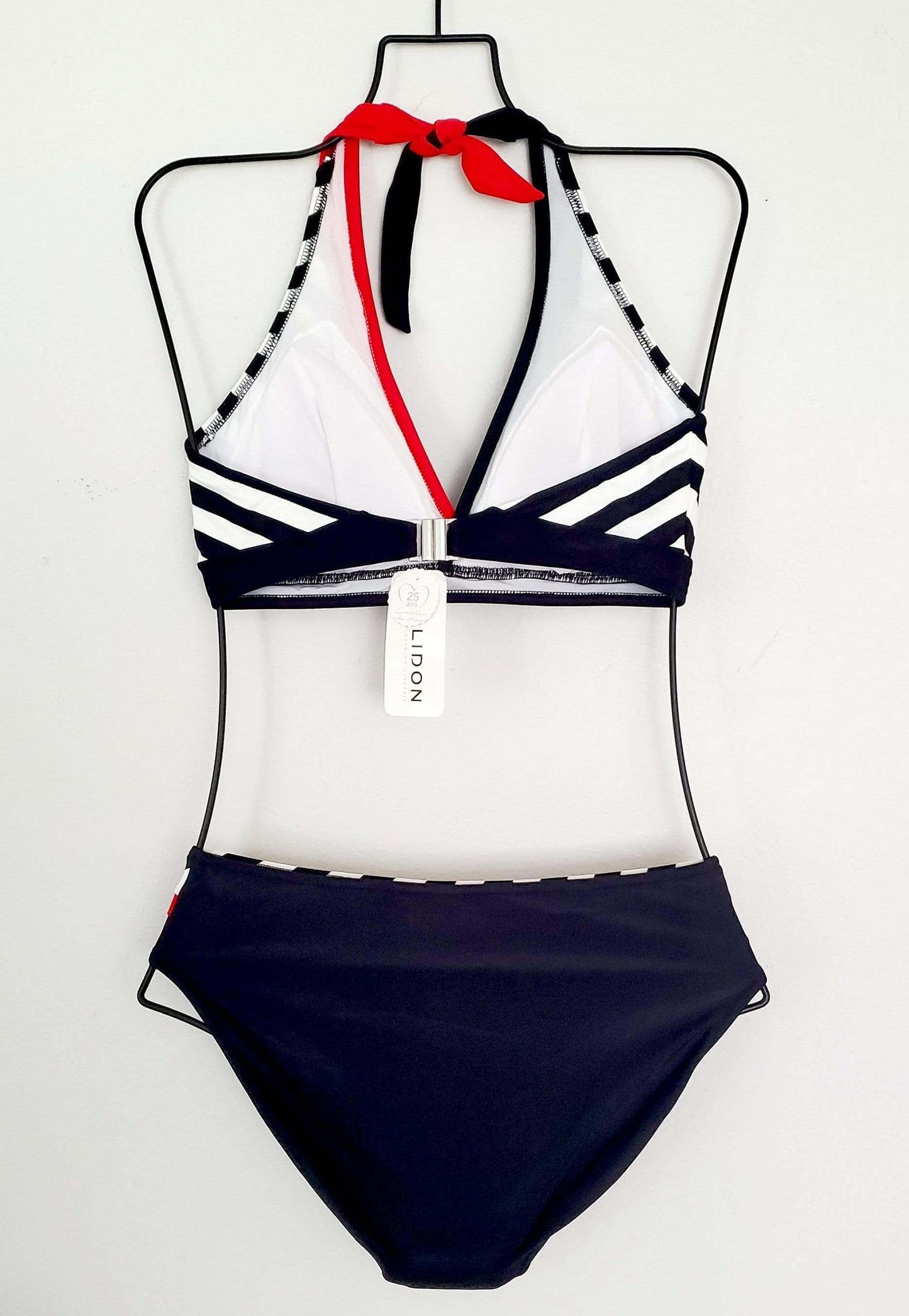 Jolidon Apparel & Accessories > Clothing > Swimwear Black/White Stripe w/Red Trim Halter Top/Moderate Bottom Black White Stripe Red Halter Bikini Swimwear Swimsuit  Jolidon #2502