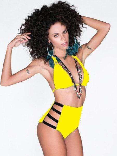 Lila Nikole Apparel & Accessories > Clothing > Swimwear Medium / Yellow Lila Nikole Yellow w/ Black Strappy Triangle Top & High Waist Bottom Bikini Swimsuit