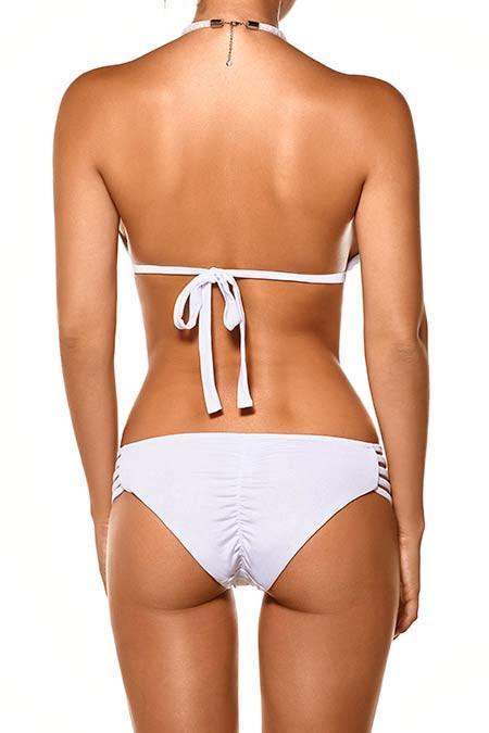 Notorious Swimwear Apparel & Accessories > Clothing > Swimwear Notorious Swimwear Envy White Halter Top & Strappy Cheeky Scrunch Bottom w/ Swarovski Crystal Accents Bikini Set