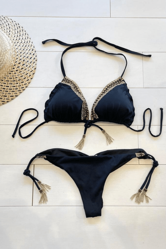 ShyleeQ Apparel & Accessories > Clothing > Swimwear Sexy Black Beaded Triangle Top & Cheeky Tie Side Bikini 2022 Sexy ShyleeQ Swimwear Black Metallic Beaded Bikini