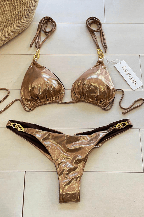 ShyleeQ Apparel & Accessories > Clothing > Swimwear Sexy Gold Metallic w/ Gold Chain Triangle Top & Cheeky Bottom Bikini 2022 Sexy ShyleeQ Swimwear Gold Chain Bikini